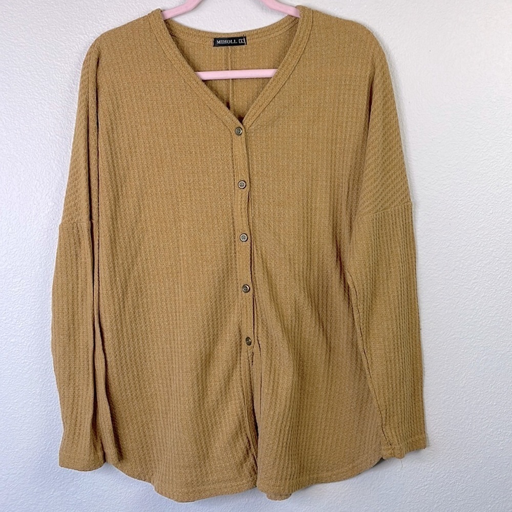 Miholl mustard waffle knit button up long sleeve sweater size L